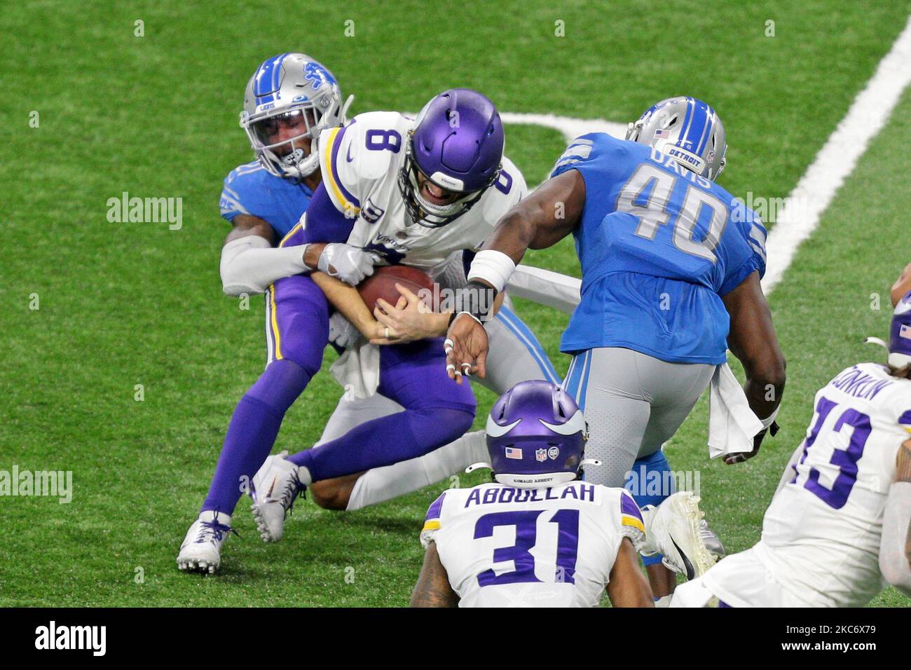 Minnesota Vikings quarterback Kirk Cousins (8) is sacked by Detroit Lions defensive back Tracy Walker (21) during the first half of an NFL football game in Detroit, Michigan USA, on Sunday, January 3, 2021. (Photo by Jorge Lemus/NurPhoto) Stock Photo