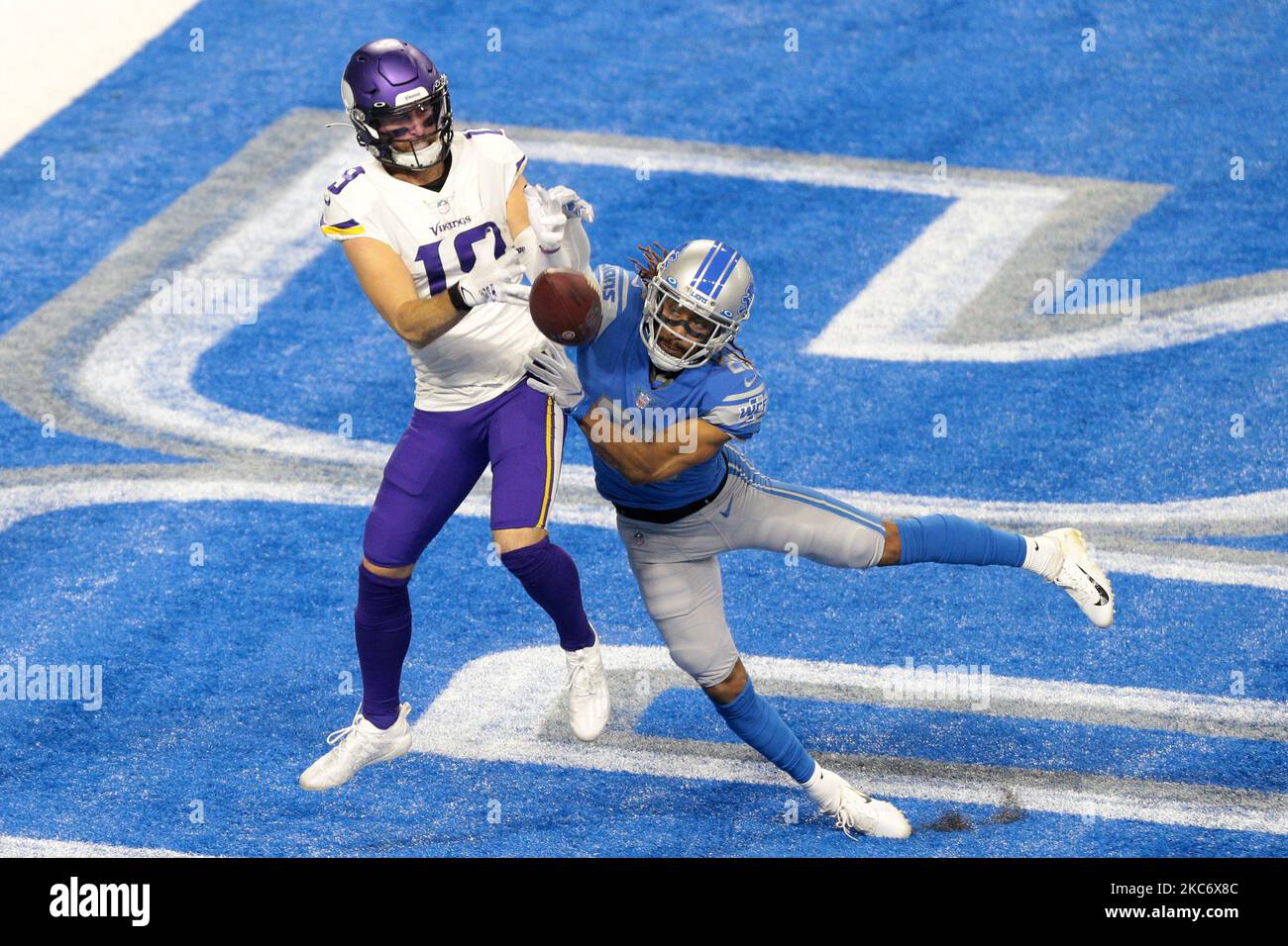 Detroit Lions cornerback Darryl Roberts (29) breaks a pass intended to Minnesota Vikings wide receiver Adam Thielen (19) in the endzone during the first half of an NFL football game in Detroit, Michigan USA, on Sunday, January 3, 2021. (Photo by Jorge Lemus/NurPhoto) Stock Photo