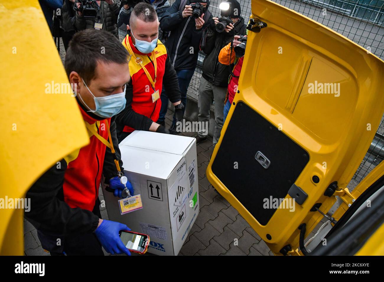 Employees load boxes with 25,000 Pfizer-BioNTech vaccines against COVID-19, arrived at Sofia Airport, Bulgaria, 04 January 2021. (Photo by Georgi Paleykov/NurPhoto) Stock Photo