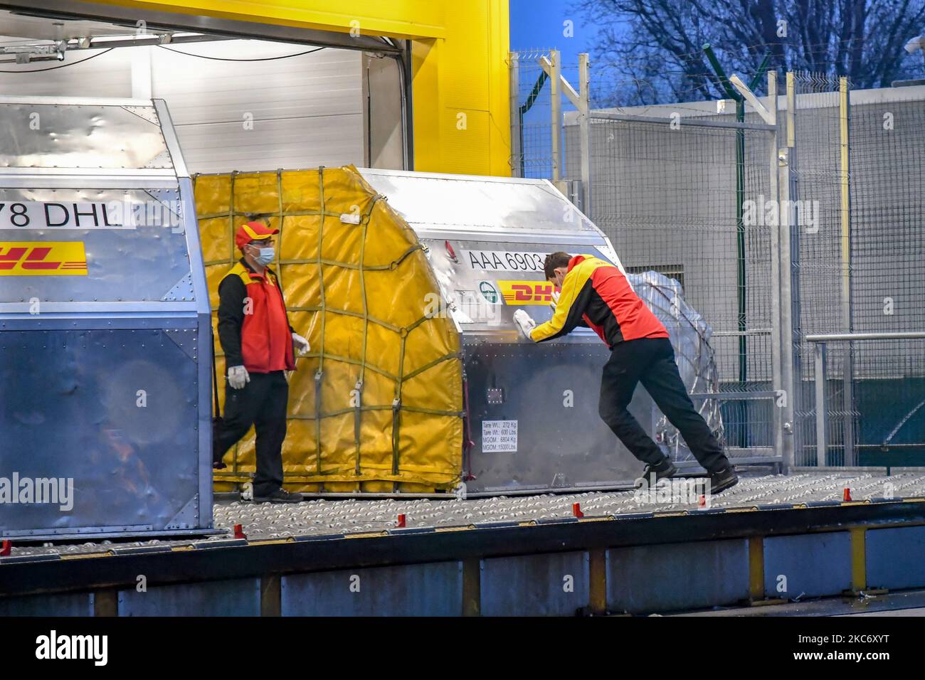 Employee pushing container with 25 000 Pfizer-BioNTech vaccines against COVID-19, arrived at Sofia Airport, Bulgaria, 04 January 2021. (Photo by Georgi Paleykov/NurPhoto) Stock Photo