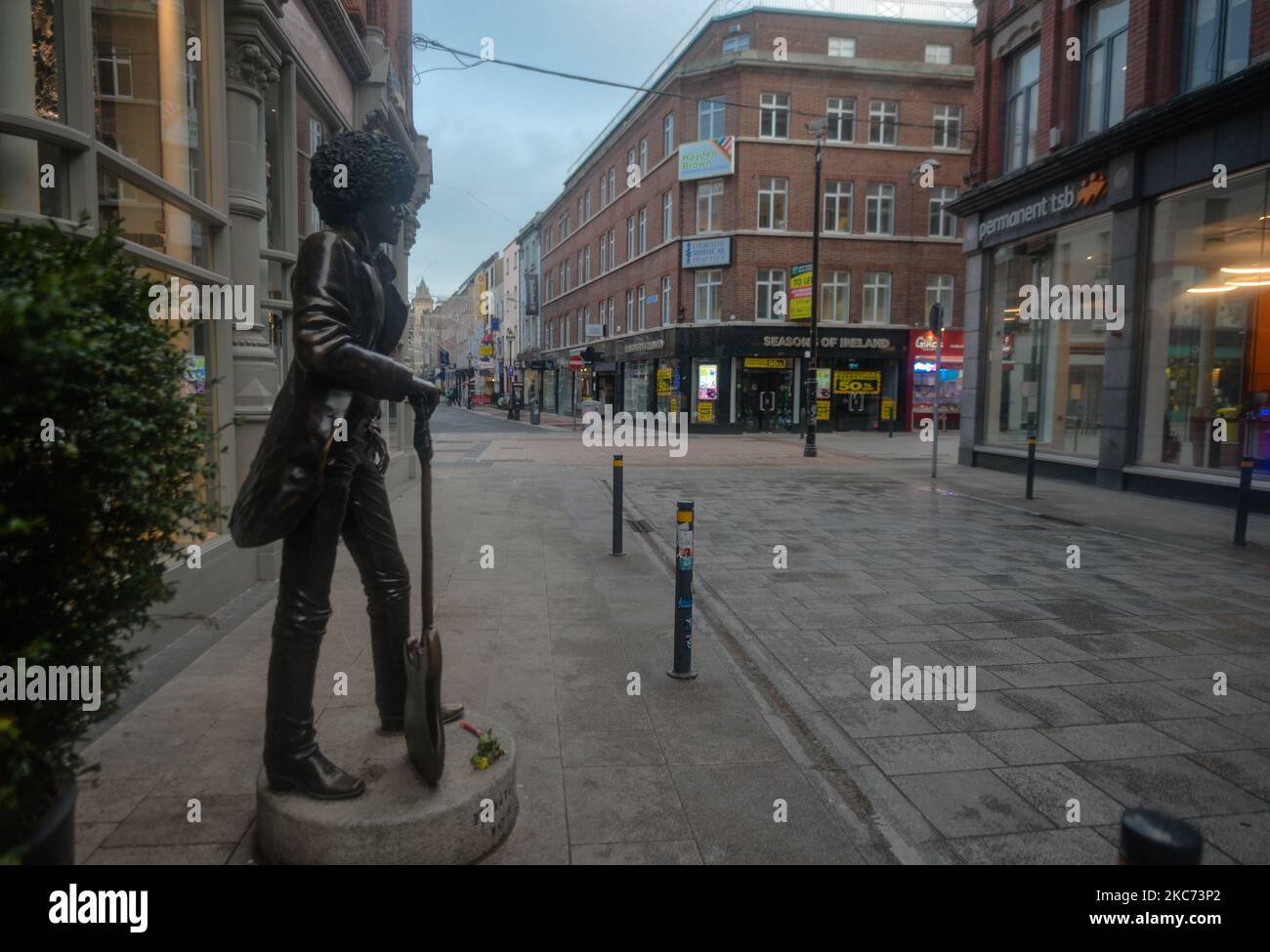 Phil Lynott statue seen in an empty center of Dublin. On Thursday, January 7, 2021, in Dublin