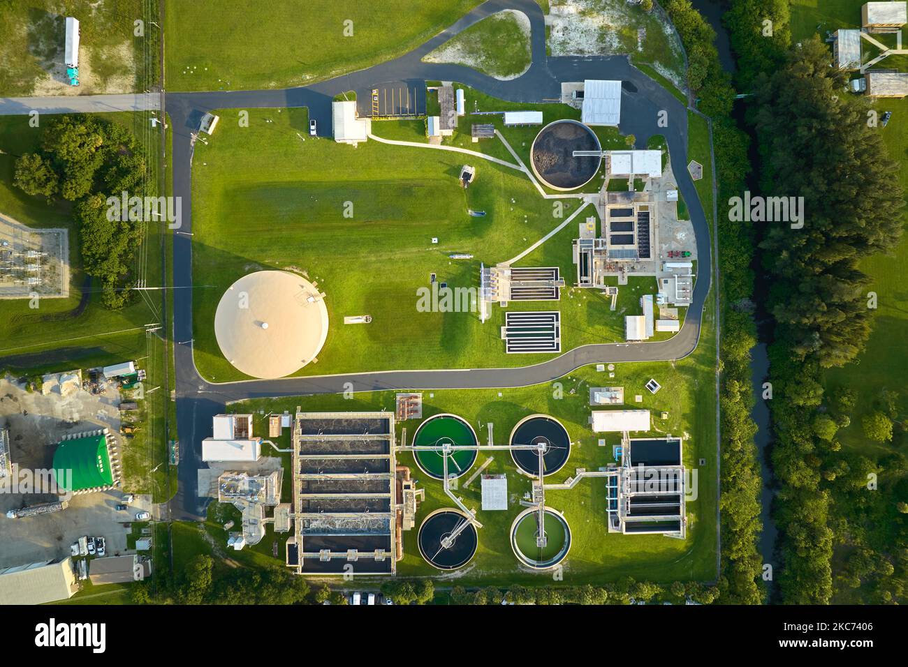 Aerial view of modern water cleaning facility at urban wastewater
