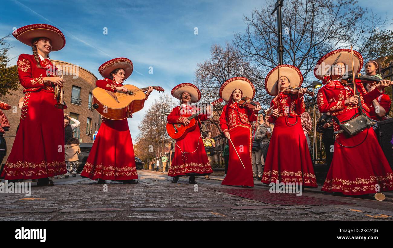 Mariachi Las Adelitas, the only female-only mariachi band in europe perform at the day of the dead event in London. Stock Photo