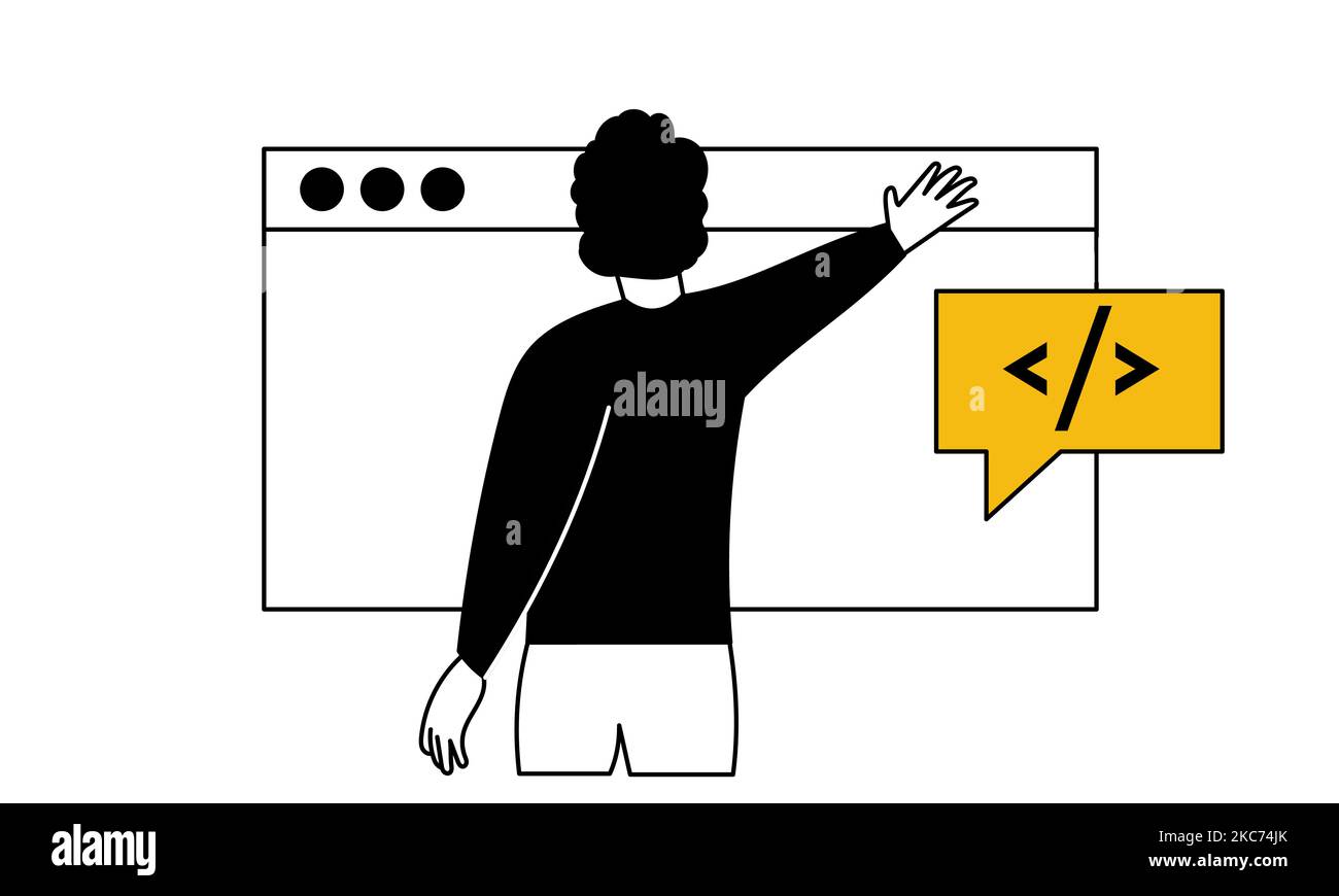 Web development and business technology coding website vector illustration concept. Programming application and app developer man. Online code and pro Stock Vector