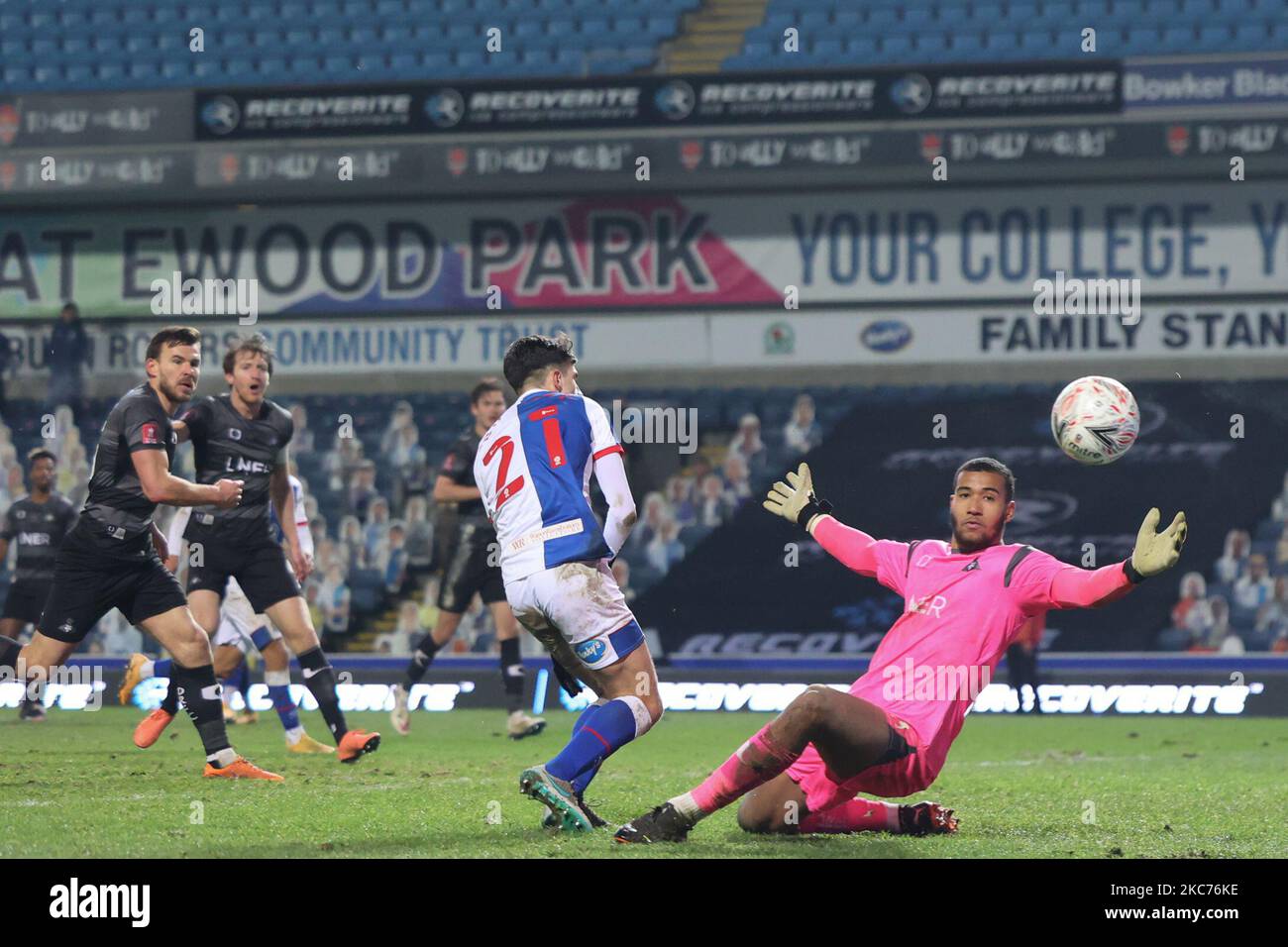 John Buckley of Blackburn Rovers just misses during the FA Cup match between Blackburn Rovers and Doncaster Rovers at Ewood Park, Blackburn on Saturday 9th January 2021. (Photo by Pat Scaasi/MI News/NurPhoto) Stock Photo