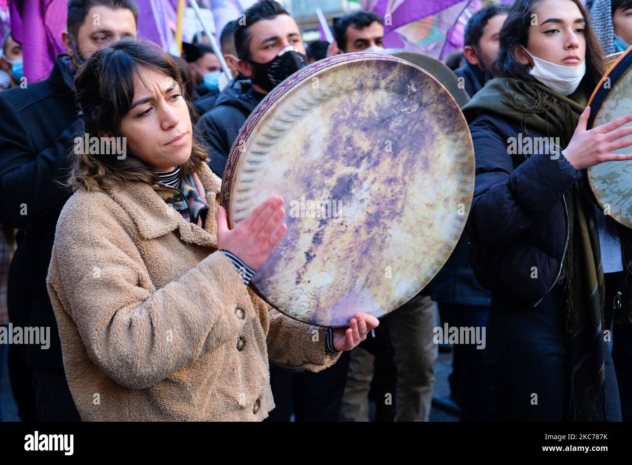 Several thousand gathered to march 'Justice For Sakine, Rojbin And Leyla' in Paris, France on January 09, 2020 will mark the sad 8-year anniversary of the assassination of three Kurdish activists Sakine Cansiz, Fidan Dogan and Leyla Soylemez in the heart of Paris by an agent with proven links with the Turkish secret services. (Photo by Vincent Koebel/NurPhoto) Stock Photo