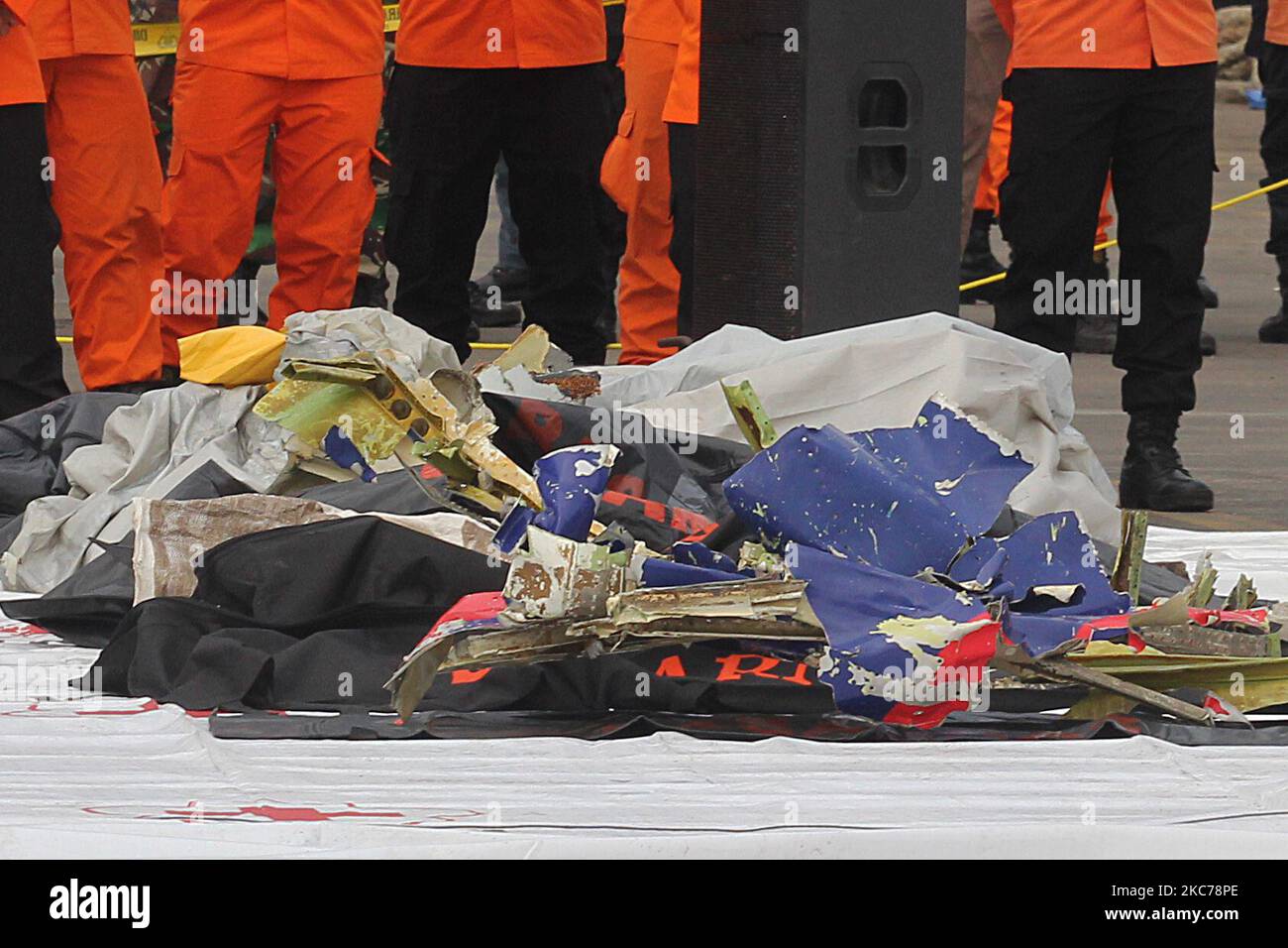 Sriwijaya Air plane's debris was collected at the evacuation center located at Port of Tanjung Priok on January 10, 2021. The plane with 62 passengers with flight number SJ 182, which was scheduled to fly from Jakarta to Pontianak, crashed into the sea located in the north of Jakarta shortly after takeoff from Soekarno-Hatta airport on Saturday, January 9, 2021 (Photo by Eddy Purwanto/NurPhoto) Stock Photo