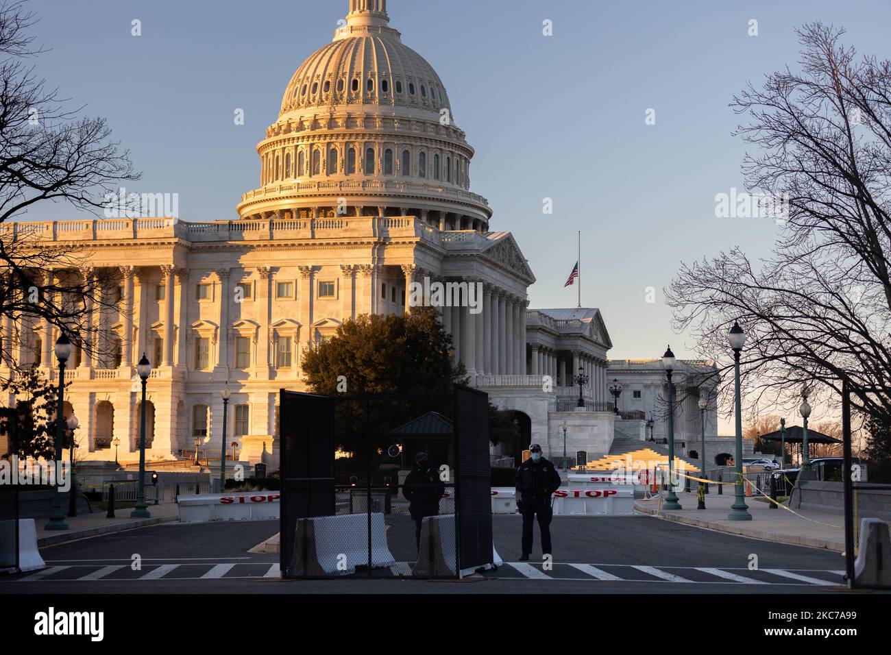 Police agents and barricades are seen in the US Capitol building on Capitol Hill in Washington, D.C. on January 10, 2021. (Photo by Aurora Samperio/NurPhoto) Stock Photo
