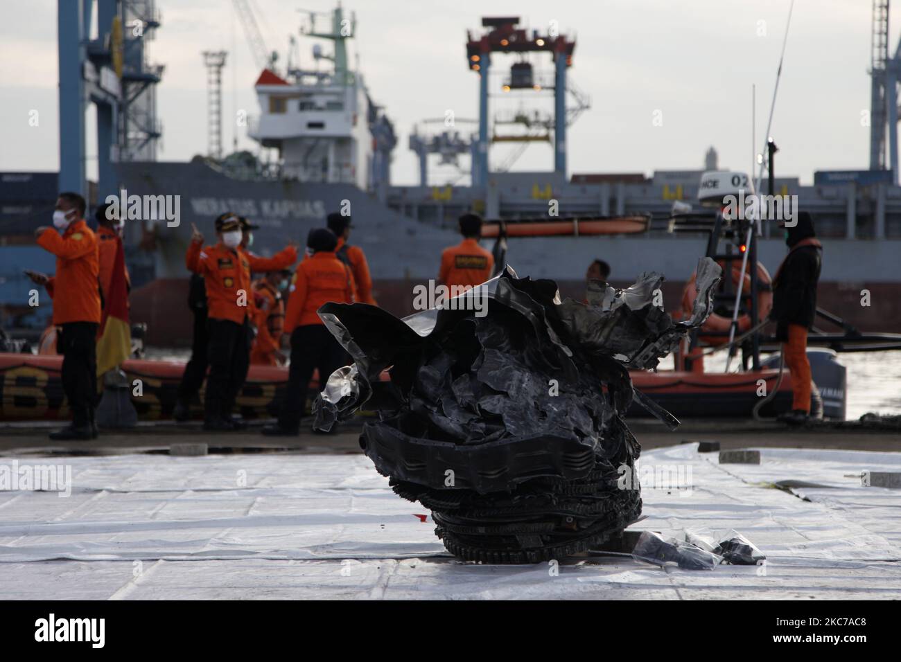 The pieces of Sriwijaya Air Boeing 737-500 engine after being recovered from the sea are seen at the port of Tanjung Priok, North Jakarta on January 11, 2021. The Sriwijaya Air flight SJ182 with 62 peoples on board are crash into the water of Jakarta coast mintues after take of from Soekarno-Hatta International Airport on January, 9. (Photo by Aditya Irawan/NurPhoto) Stock Photo
