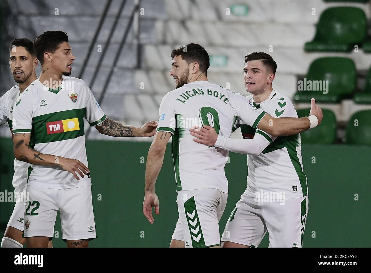 Raul Guti of Elche celebrates after scoring his sides first goal during the La Liga Santader match between Elche CF and Getafe CF at Estadio Martinez Valero on January 11, 2021 in Elche, Spain. (Photo by Jose Breton/Pics Action/NurPhoto) Stock Photo