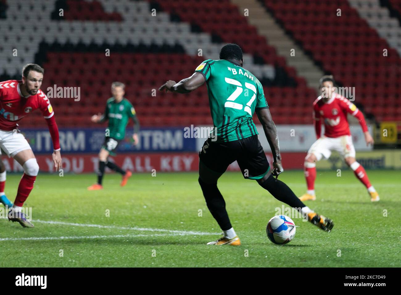 Kwadwo Baah of Rochdale kicks the ball during the Sky Bet League 1 match between Charlton Athletic and Rochdale at The Valley, London on Tuesday 12th January 2021. (Photo by Juan Gaspari/MI News/NurPhoto) Stock Photo