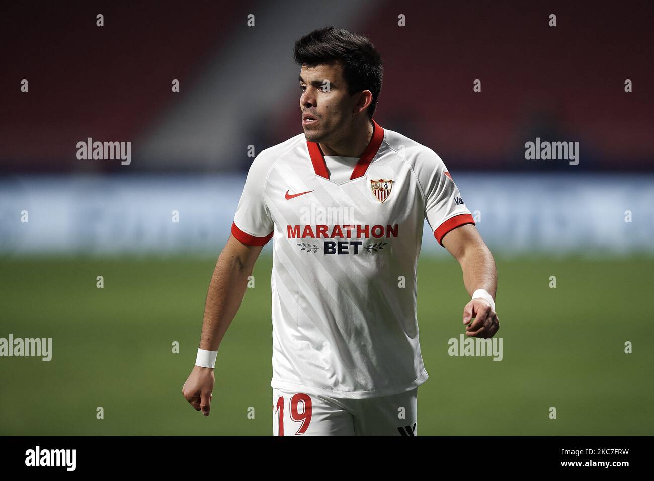 Marcos Acuña of Sevilla during the La Liga Santander match between Atletico de Madrid and Sevilla FC at Estadio Wanda Metropolitano on January 12, 2021 in Madrid, Spain. (Photo by Jose Breton/Pics Action/NurPhoto) Stock Photo