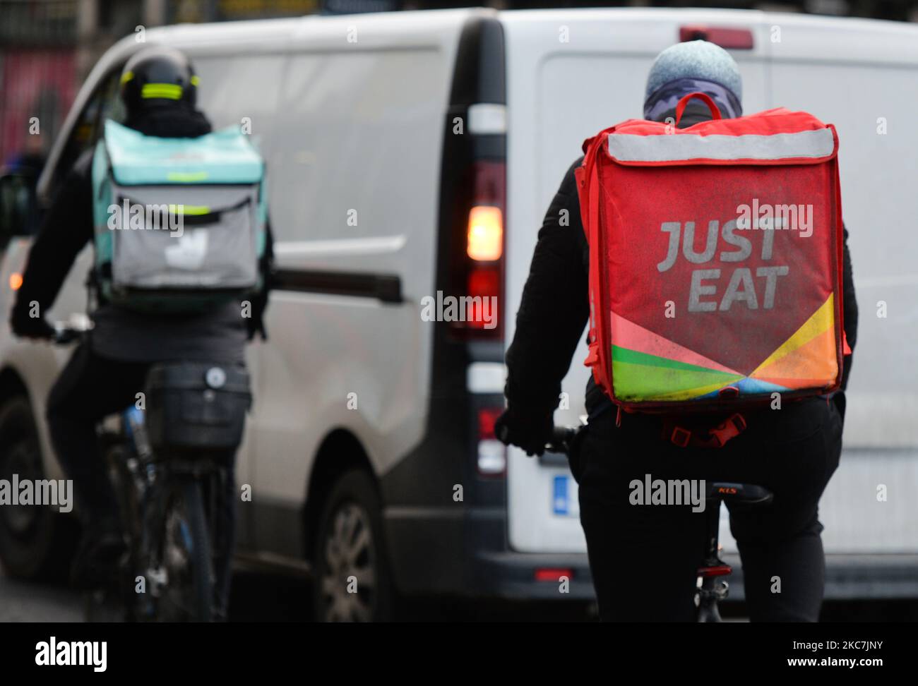 Just Eat and Deliveroo courriers seen in Dublin city center during Level 5 Covid-19 lockdown. On Saturday, 16 January, 2021, in Dublin, Ireland. (Photo by Artur Widak/NurPhoto) Stock Photo