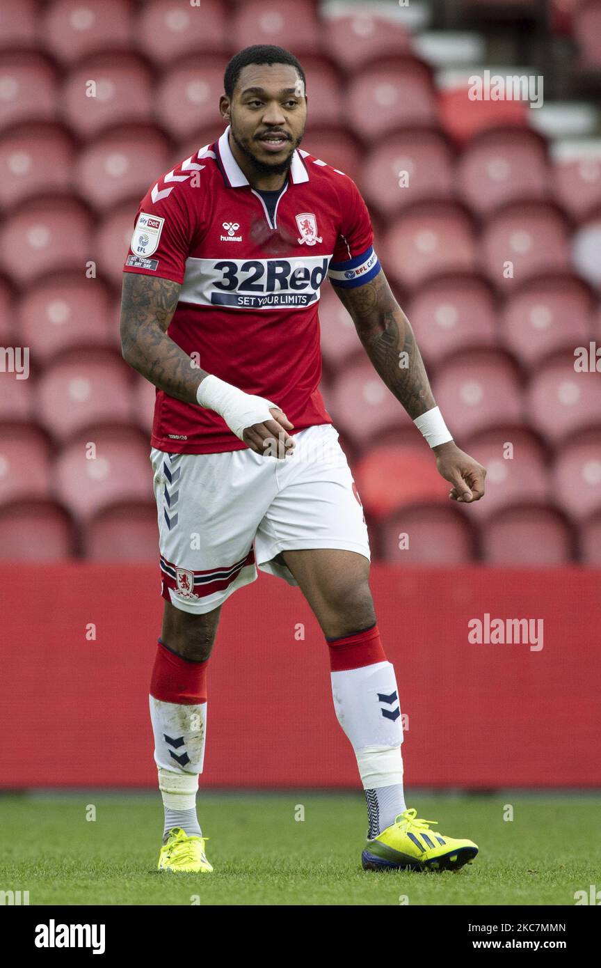 Middlesbrough's Britt Assombalonga during the Sky Bet Championship match between Middlesbrough and Birmingham City at the Riverside Stadium, Middlesbrough, England on 16th January 2021. (Photo by Trevor Wilkinson/MI News/NurPhoto) Stock Photo