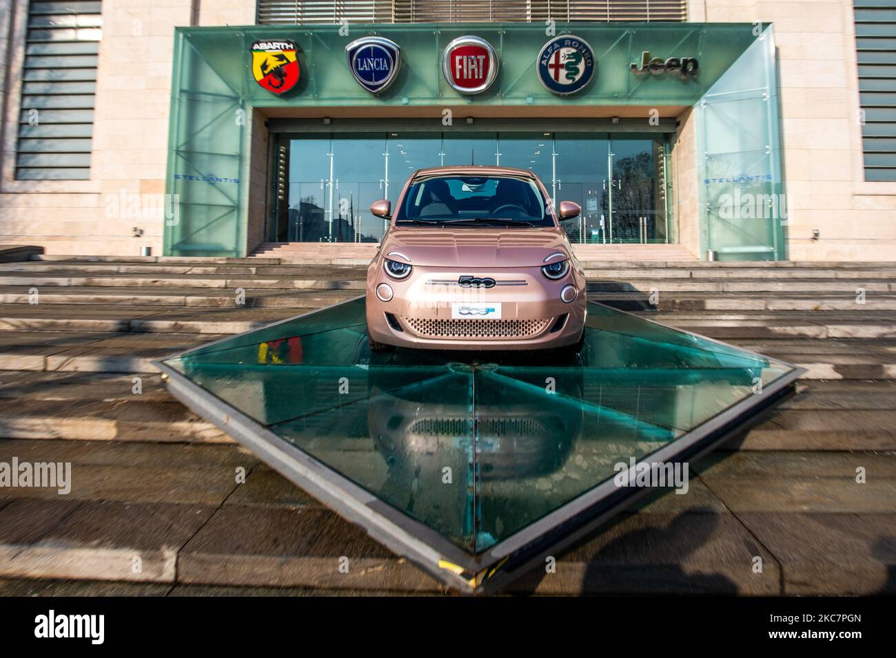 A view of the historical FIAT plant in Turin, Italy, on January 18, 2021. The historical FIAT plant of Mirafiori showcases the new logo on the First day on the stock-market for Stellantis the multinational automotive manufacturing corporation resulting from the merger of French automaker Groupe PSA and Italian-American automaker Fiat Chrysler Automobiles. The group includes 14 brands: Abarth, Alfa Romeo, Chrysler, Citroen, Dodge, DS, Fiat, Jeep, Lancia, Maserati, Opel, Peugeot, Ram, and Vauxhall. (Photo by Mauro Ujetto/NurPhoto) Stock Photo