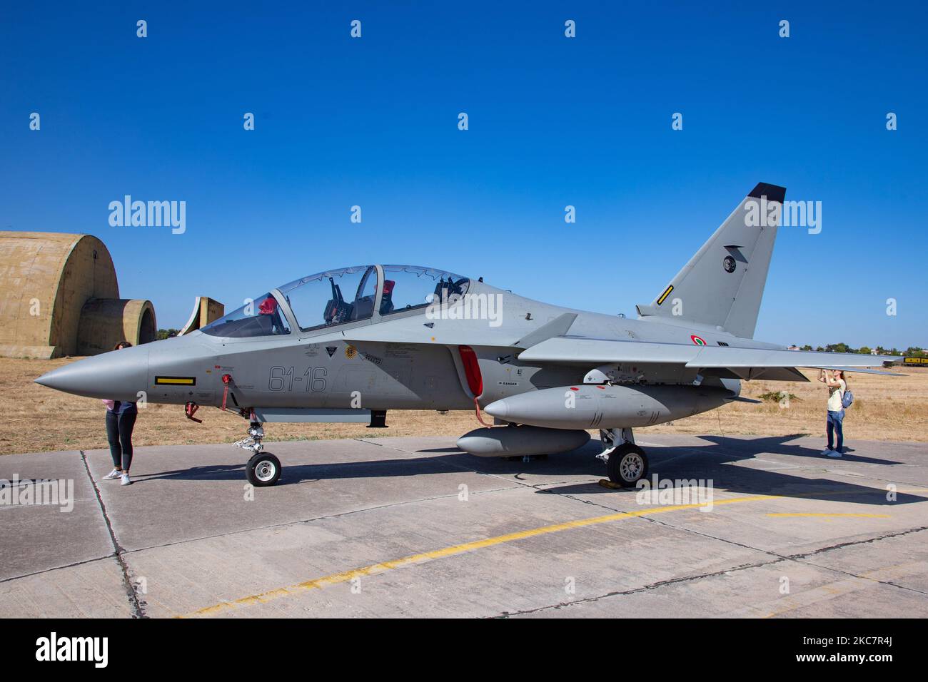 Alenia Aermacchi M-346 Master, a twin engine trainer jet aircraft and light attack of the Italian Air Force as seen on display parked at the tarmac in Tanagra LGTG Air Base near Athens During the Athens Flying Week 2019 Air show. The military jet is made in Italy by Alenia Aermacchi and Leonardo. The Hellenic Air Force HAF announced in January 2021 plans to acquire 10 of the Israeli M-346 Lavi variants for use as trainers in a new flight school. Tanagra Airport, Attika, Greece on September 2019 (Photo by Nicolas Economou/NurPhoto) Stock Photo