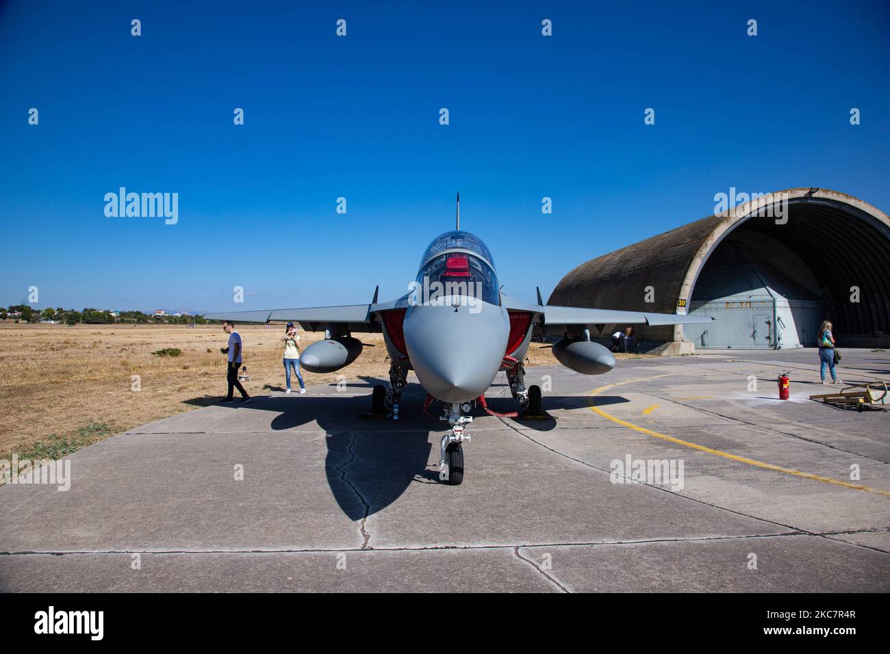 Alenia Aermacchi M-346 Master, a twin engine trainer jet aircraft and light attack of the Italian Air Force as seen on display parked at the tarmac in Tanagra LGTG Air Base near Athens During the Athens Flying Week 2019 Air show. The military jet is made in Italy by Alenia Aermacchi and Leonardo. The Hellenic Air Force HAF announced in January 2021 plans to acquire 10 of the Israeli M-346 Lavi variants for use as trainers in a new flight school. Tanagra Airport, Attika, Greece on September 2019 (Photo by Nicolas Economou/NurPhoto) Stock Photo