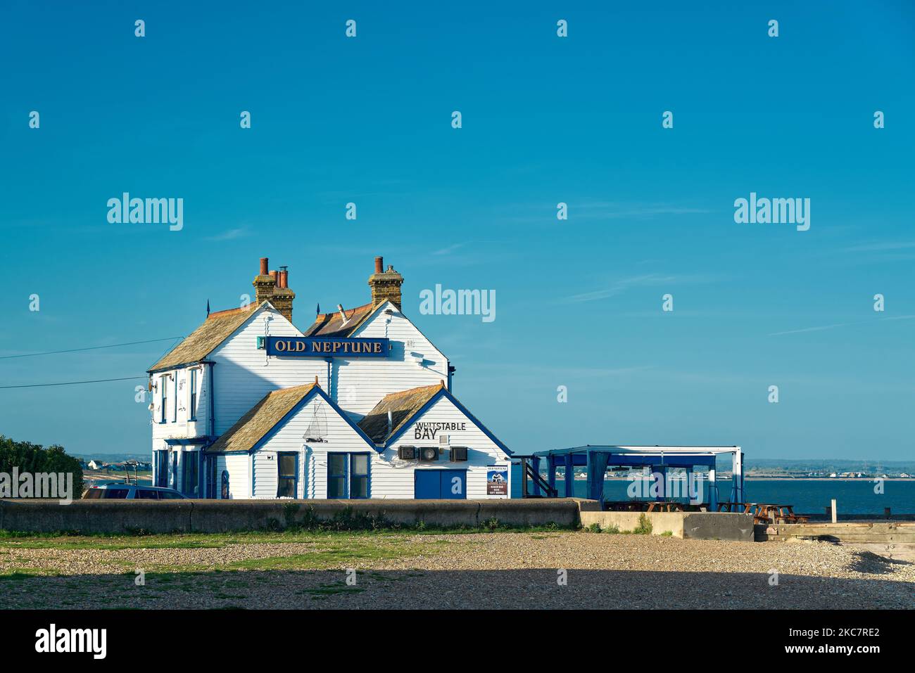 A long shot of the old Neptune pub on the beach of Whitstable, Kent. Stock Photo