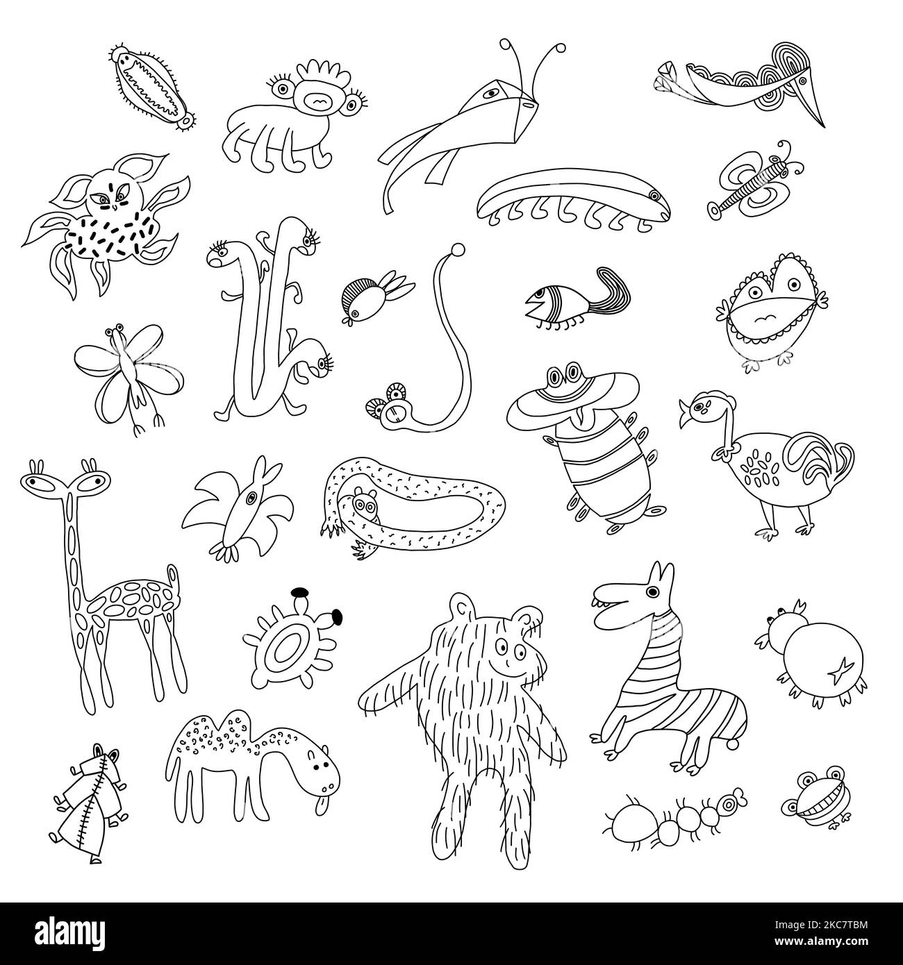 Set of unique fantastic strange animals. Doodle style characters. Stock Vector