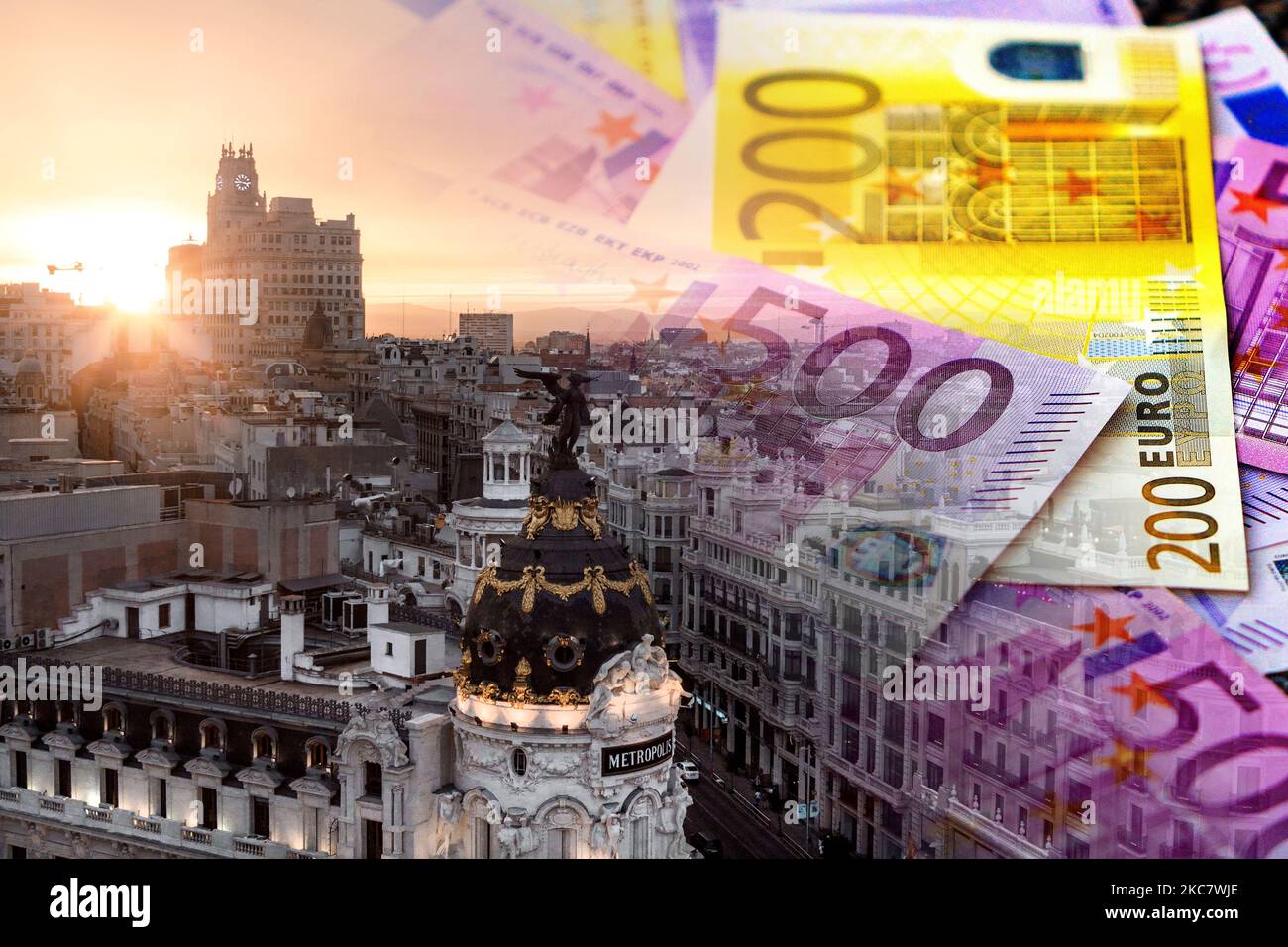 Euro cash banknotes and skyline of Madrid city, Spain (real estate