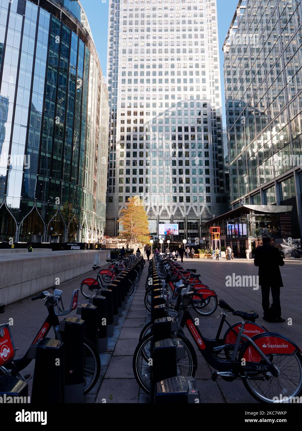 Architecture in the Canary Wharf area in London, England. Bicycle hire