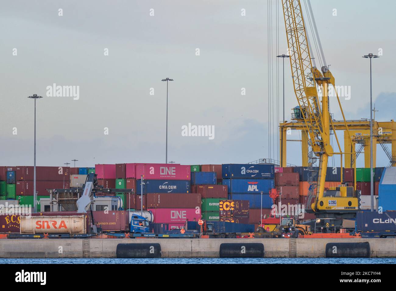 Containers waiting to be loaded on ferries in the port of Dublin. Dozens of truck drivers staged a street protest outside Dublin Port asking the EU for help and warning that Ireland’s disjointed customs and clearance systems at Dublin Port are causing paralyzing delays on trade - even though traffic and volumes across the Irish Sea are currently exceptionally low. On Thursday, January 21, 2021, in Dublin, Ireland. (Photo by Artur Widak/NurPhoto) Stock Photo