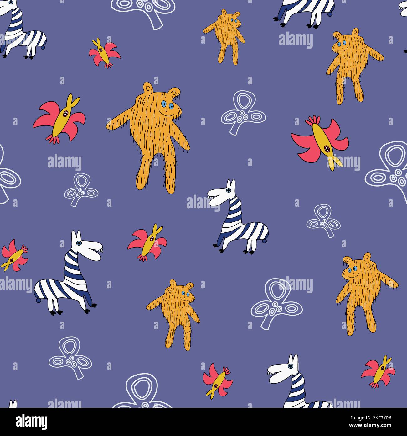 Childish style animals seamless pattern. Bear, zebra and bird. Stock Vector