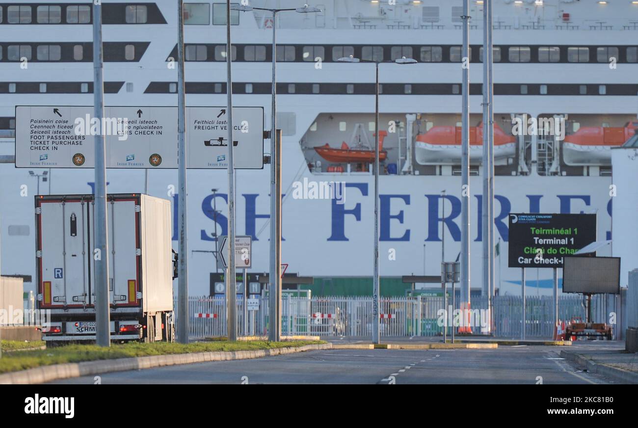 A freight lorry on its way to board Irish Ferries in Dublin Port. On Friday, January 22, 2021