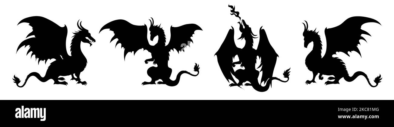 Silhouette black dragons with wings. Medieval dragon. Vector illustration isolated from background. Stock Vector