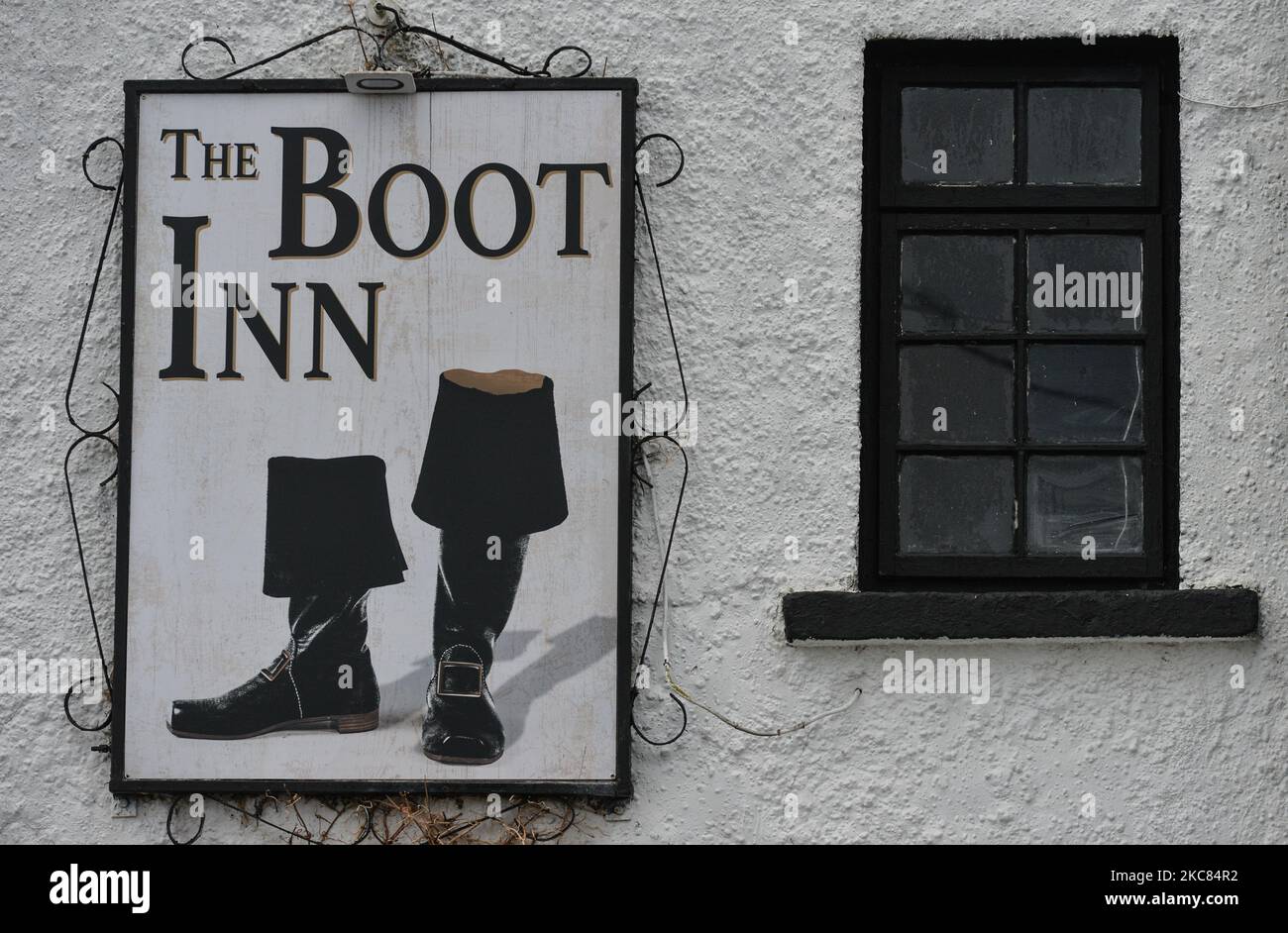 The Boot Inn sign seen on a closed pub near Dublin Airport during Level