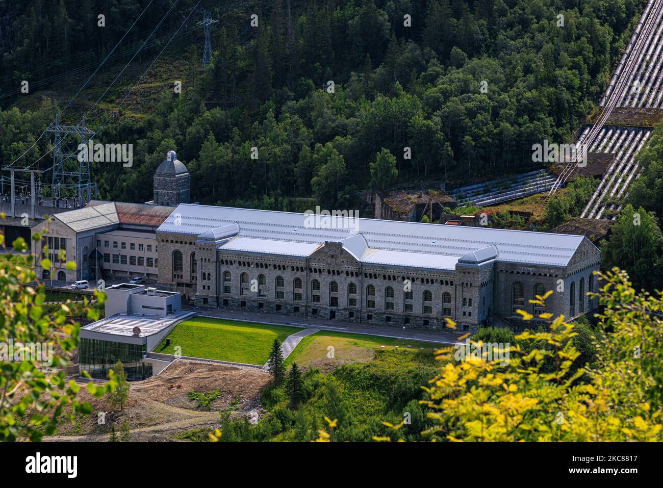 An aerial shot of the Vemork power station with the surrounding forest in Rjukan, Norway Stock Photo