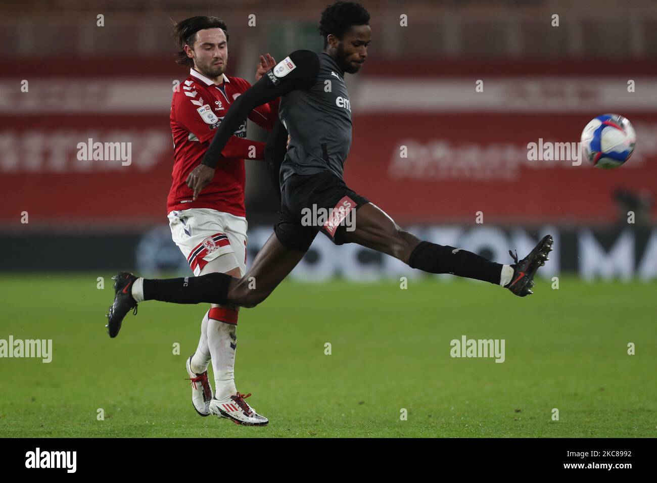 Matthew Olosunde of Rotherham United clears from Middlesbrough's Patrick Roberts during the Sky Bet Championship match between Middlesbrough and Rotherham United at the Riverside Stadium, Middlesbrough on Wednesday 27th January 2021. (Photo by Mark Fletcher/MI News/NurPhoto) Stock Photo