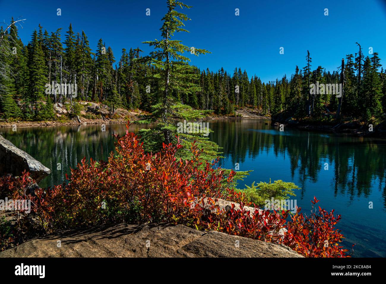 The larger of the Tenas Lakes on the Scott Mountain Trail in Central Oregon's Mt Washington Wilderness. Stock Photo