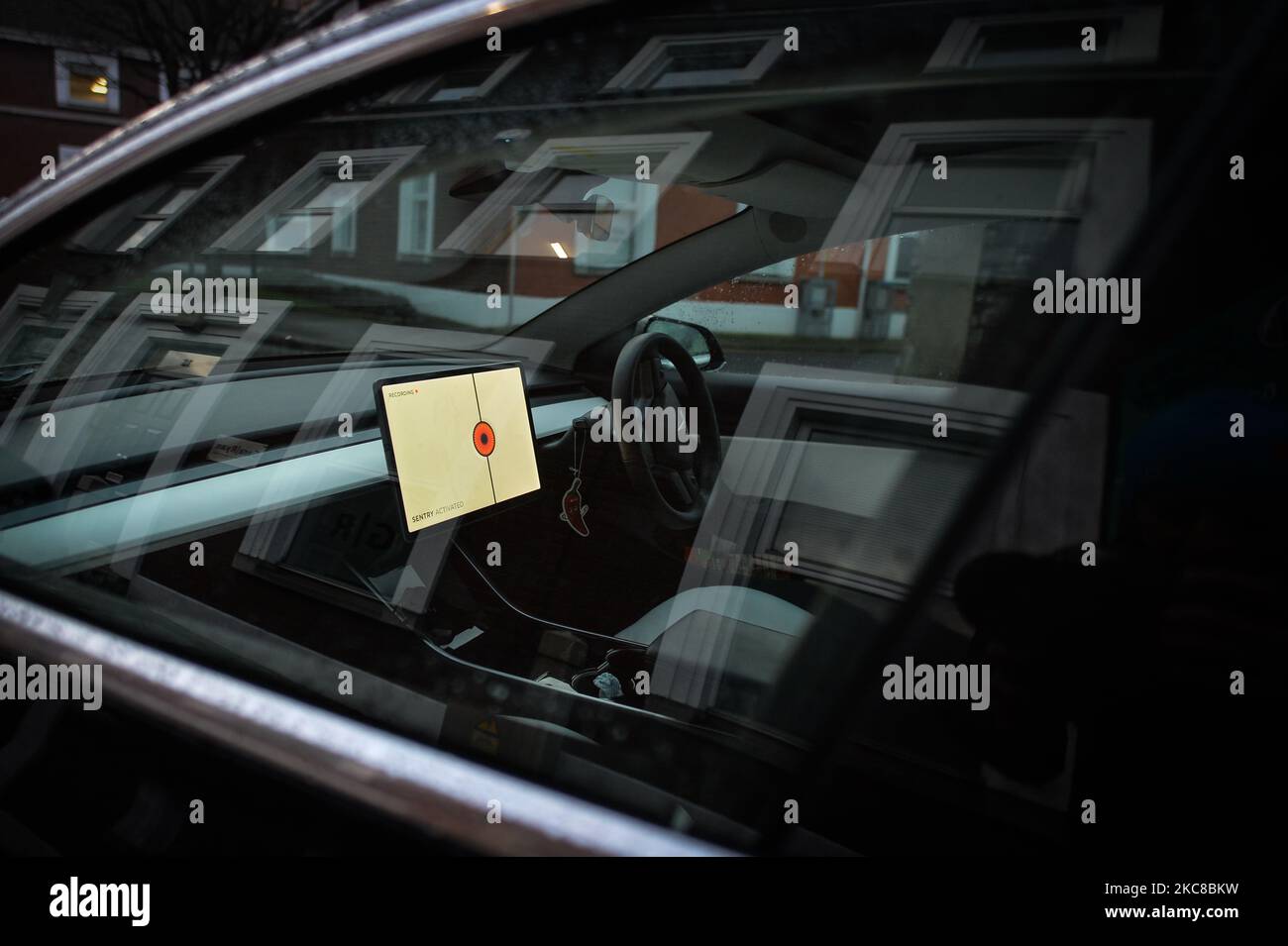 A view of a Tesla car parked close to a Google building GRCQ1 in Dublin's Grand Canal area. On Friday, 29 January, 2021, in Dublin, Ireland.On Friday, 29 January, 2021, in Dublin, Ireland. (Photo by Artur Widak/NurPhoto) Stock Photo