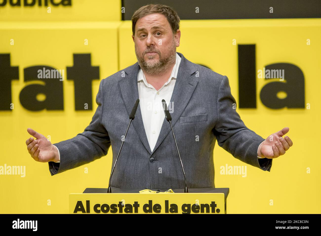 Electoral campaign event of Esquerra Republicana de Catalunya (ERC - Catalonia's Republican Left), Catalan pro-independence center-left party, with the participation of its top leader, Oriol Junqueras, imprisoned by the 2019 referendum, and the candidate in the regional elections, Pere Aragonés, in Badalona, near Barcelona, on January 29, 2021. (Photo by Albert Llop/NurPhoto) Stock Photo