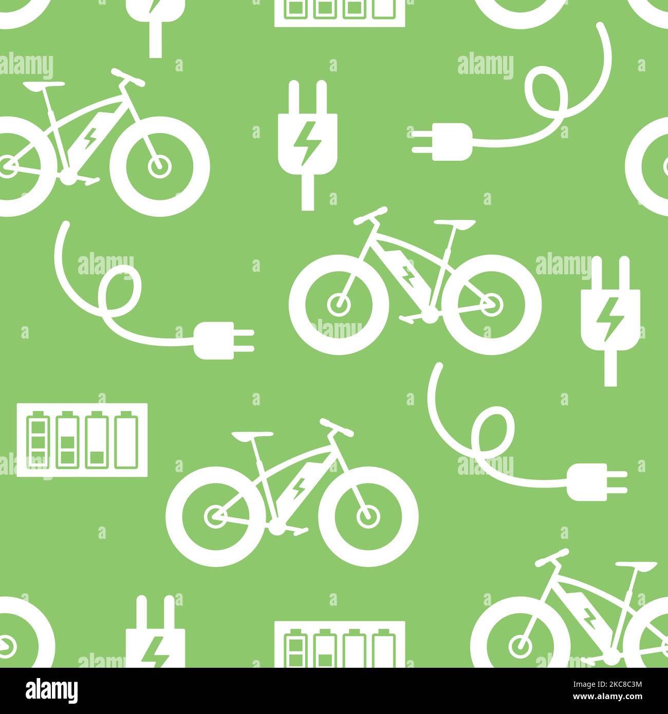 Seamless pattern with electronic fat bikes and electric plugs, E bike