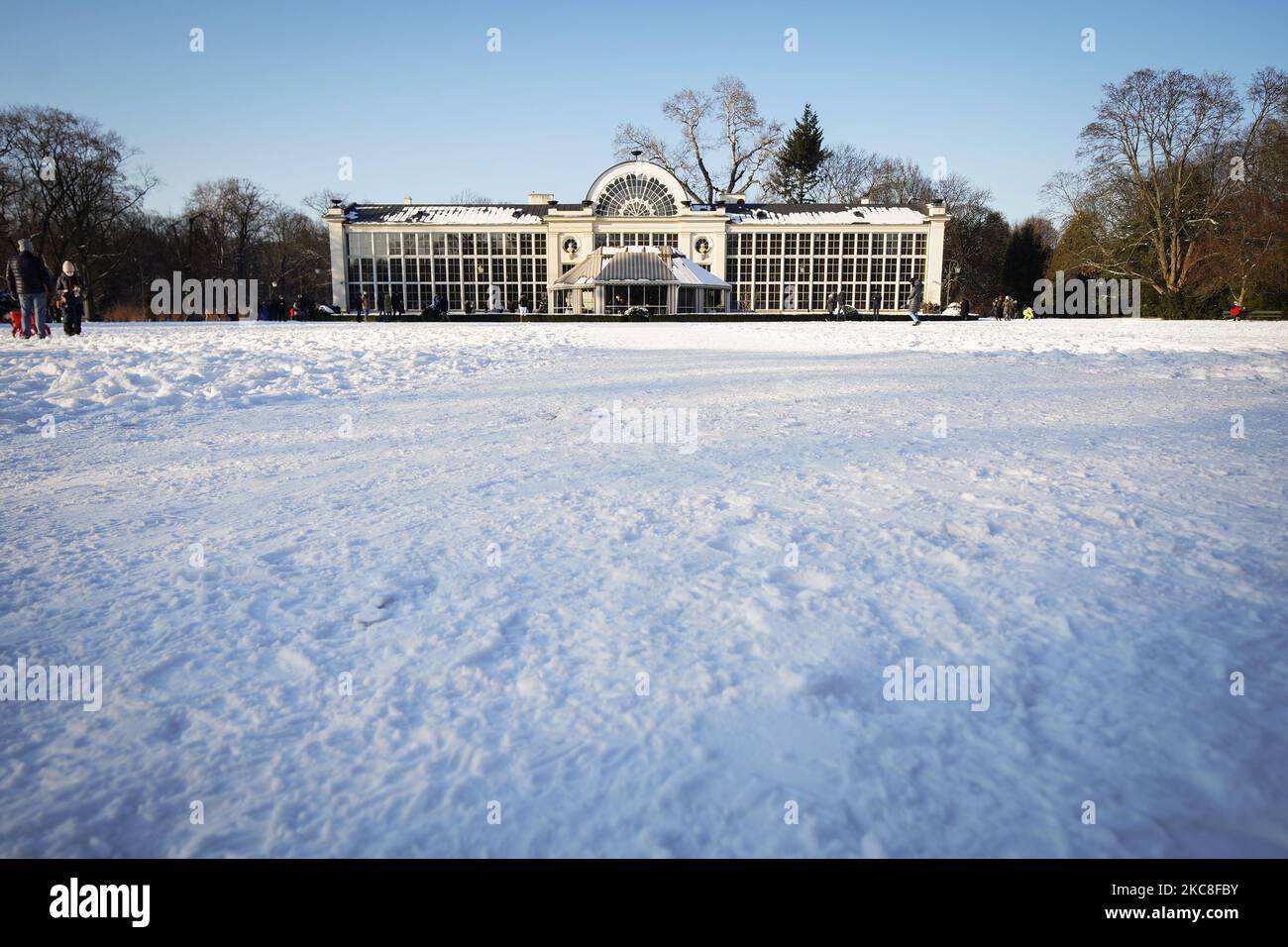 The Belvedere restaurant is seen in the Royal Baths Park in Warsaw, Poland on January 31, 2021. Recently online newspaper EUobserver revealed that in 2015 the EU border security agency Frontex spend 94 thousand Euros on an annual dinner party at the Belvedere restaurant. The agency's budget has increased by almost a hundredfold since in 2005 when it's funds totalled 6 million Euros compared to the current 500 million Euros. (Photo by Jaap Arriens/NurPhoto) Stock Photo