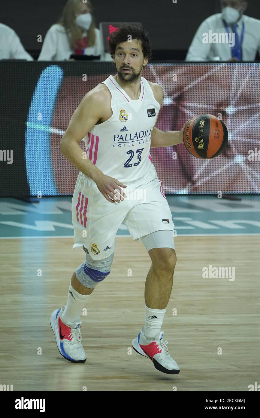 Sergio Llull of Real Madrid gestures during the Liga ACB basketball match played between Real Madrid and Herbalife Gran Canaria at WiZink Center stadium on January 31, 2021 in Madrid, Spain. (Photo by Oscar Gonzalez/NurPhoto) Stock Photo