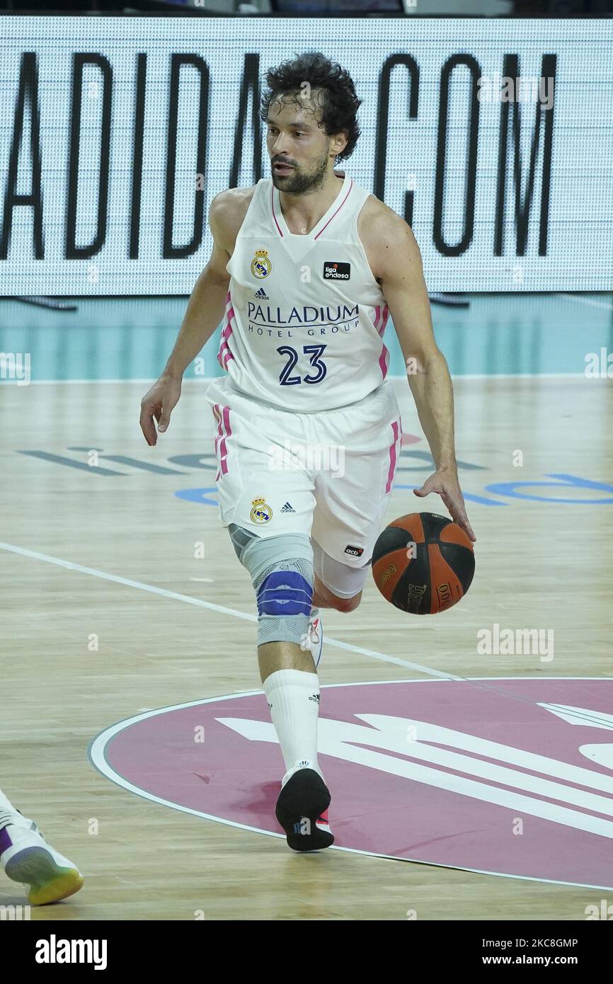 Sergio Llull of Real Madrid gestures during the Liga ACB basketball match played between Real Madrid and Herbalife Gran Canaria at WiZink Center stadium on January 31, 2021 in Madrid, Spain. (Photo by Oscar Gonzalez/NurPhoto) Stock Photo