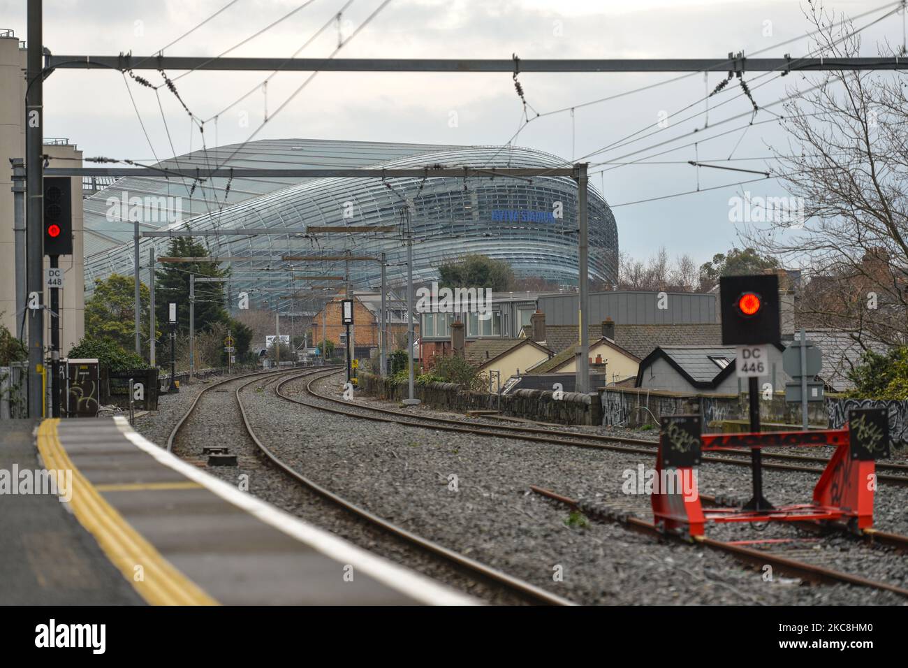 A view of the Aviva Stadium in Dublin seen from an empty Grand Canal Dock railway station, during Level 5 Covid-19 lockdown. On Monday, 1 February, 2021, in Dublin, Ireland. (Photo by Artur Widak/NurPhoto) Stock Photo