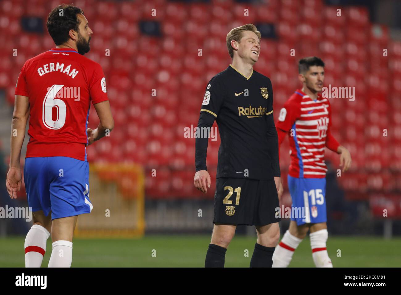 Frenkie de Jong, of FC Barcelona, reacts during the Copa del Rey Quarter-Final match between Granada CF and FC Barcelona at Nuevo Los Carmenes Stadium on February 03, 2021 in Granada, Spain. Football stadiums in Spain remain closed to fans due to the Coronavirus Pandemic. (Photo by Álex Cámara/NurPhoto) Stock Photo