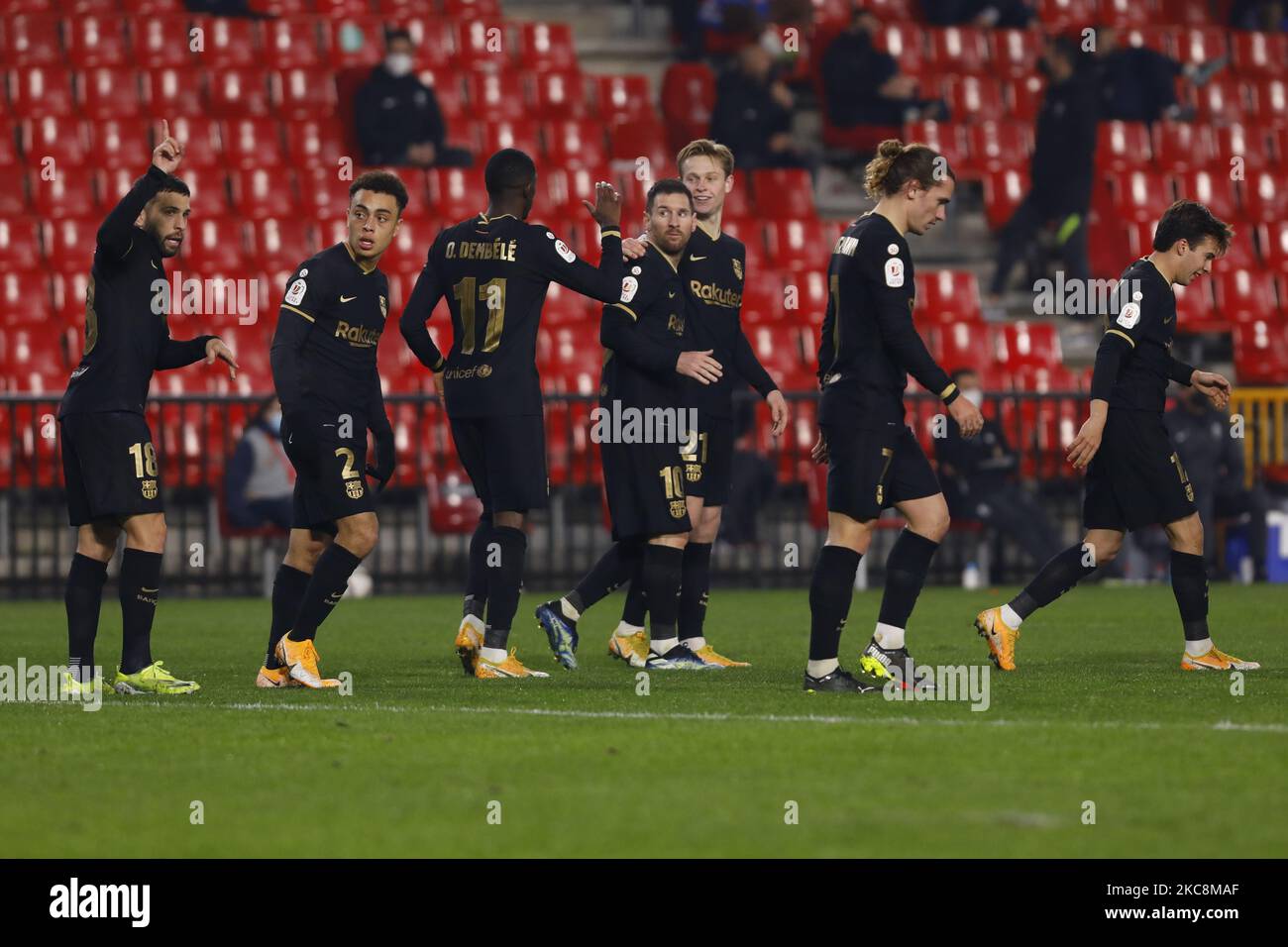 Frenkie de Jong, of FC Barcelona , scores a goal during the extra time at the Copa del Rey Quarter-Final match between Granada CF and FC Barcelona at Nuevo Los Carmenes Stadium on February 03, 2021 in Granada, Spain. Football stadiums in Spain remain closed to fans due to the Coronavirus Pandemic. (Photo by Álex Cámara/NurPhoto) Stock Photo