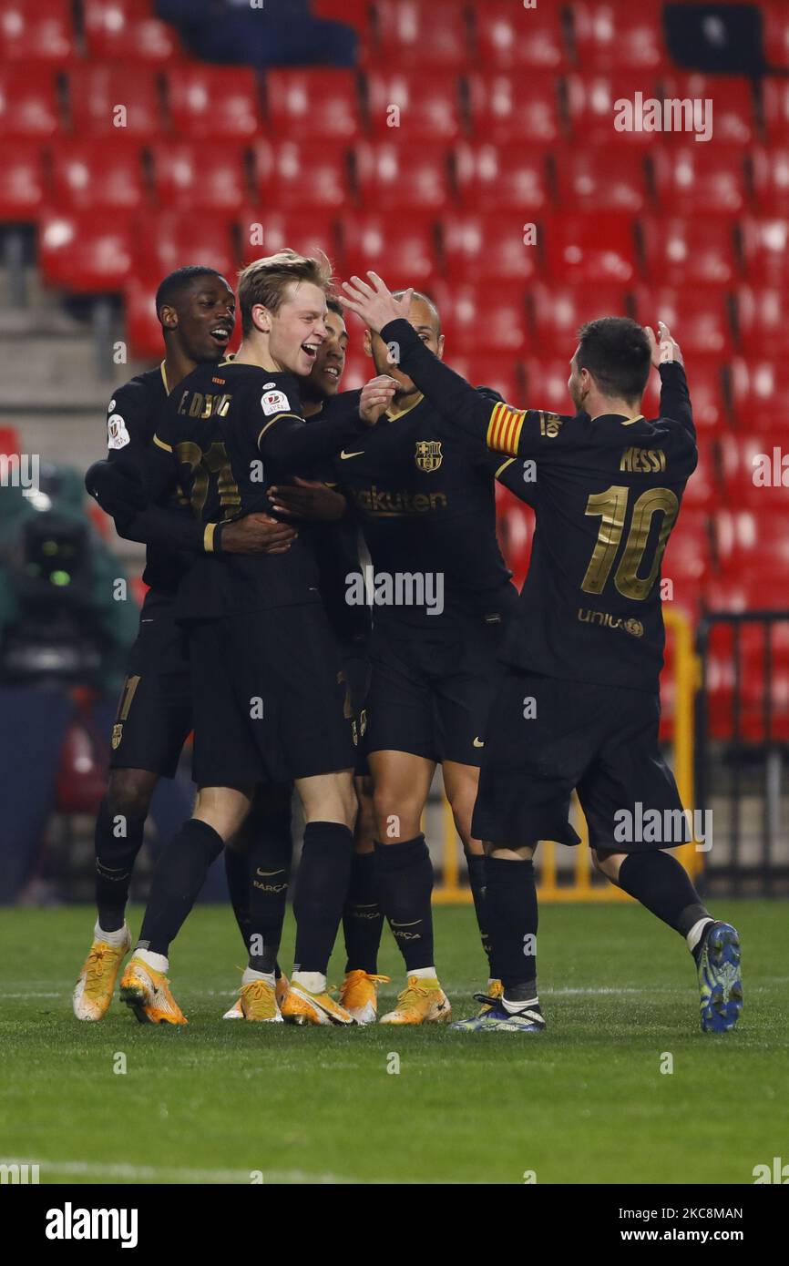 Frenkie de Jong, of FC Barcelona , scores a goal during the extra time at the Copa del Rey Quarter-Final match between Granada CF and FC Barcelona at Nuevo Los Carmenes Stadium on February 03, 2021 in Granada, Spain. Football stadiums in Spain remain closed to fans due to the Coronavirus Pandemic. (Photo by Álex Cámara/NurPhoto) Stock Photo