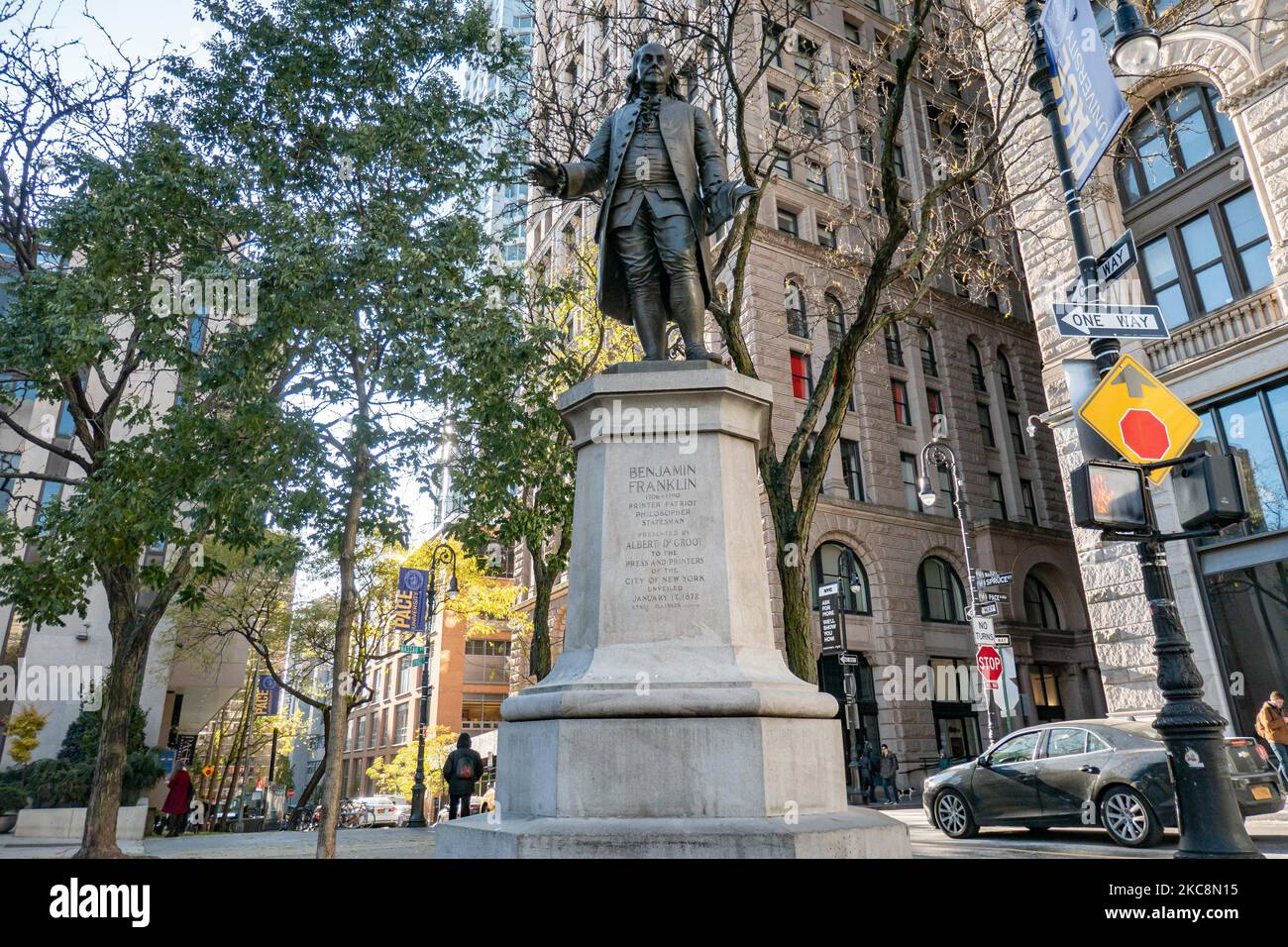 Benjamin Franklin standing statue, located in lower Manhattan, in NYC