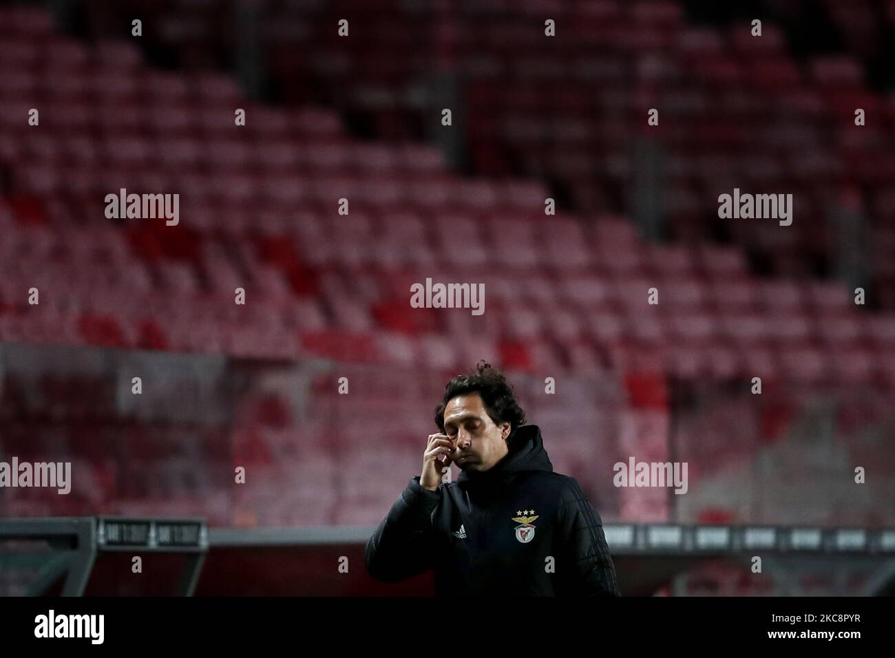 Benfica's coach Joao de Deus reacts during the Portuguese League football match between SL Benfica and Vitoria SC at the Luz stadium in Lisbon, Portugal on February 5, 2021. (Photo by Pedro FiÃºza/NurPhoto) Stock Photo