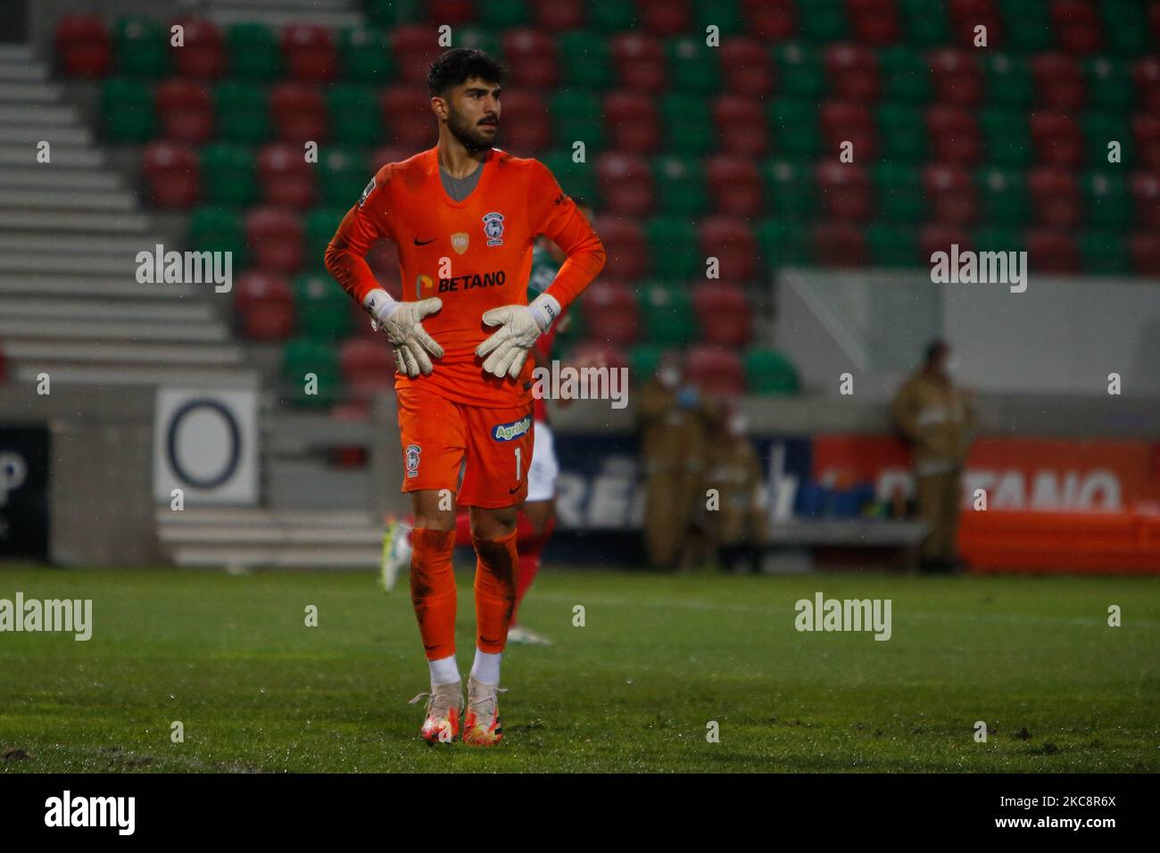 CS Maritimo Goalkeeper Amir Abedzadeh reacts during the Liga Nos match between CS Maritimo and Sporting SP at Estádio do Maritimo on February 05, 2021 in Funchal, Madeira, Portugal. (Photo by Valter Gouveia/NurPhoto) Stock Photo
