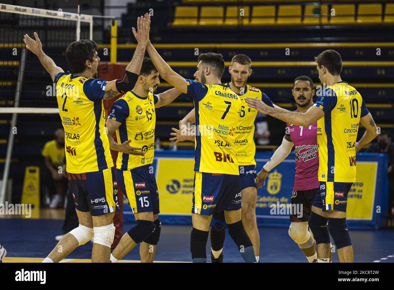 CV Guaguas players during the Copa del Rey match between CV Guaguas and Rotogal Boiro VB at Centro Insular de Deportes in Las Palmas de Gran Canaria, Spain. (Credit: San Acosta) (Photo by DAX Images/NurPhoto) Stock Photo