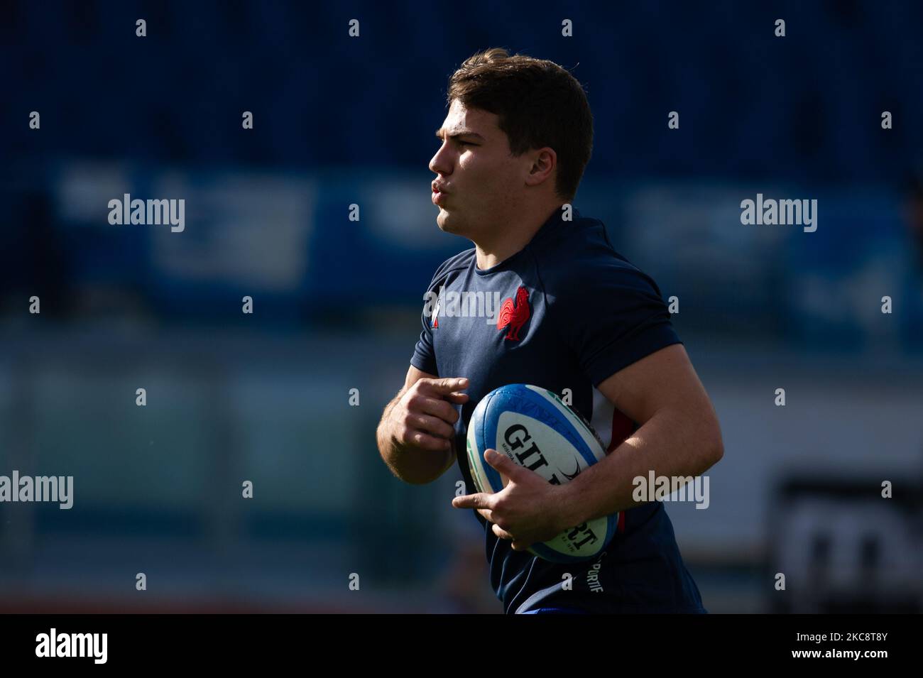Number 9 of France Antoine Dupont during warm up before the 2021 Guinness  Six Nations Rugby Championship match between Italy and France at the  Olimpic Stadium (Stadio Olimpico) in Rome, Italy, on
