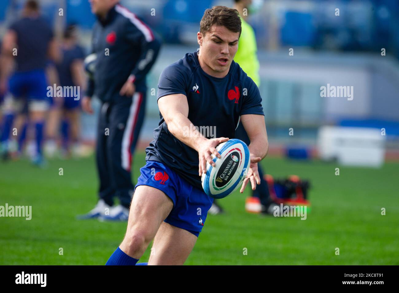 Number 9 of France Antoine Dupont during warm up before the 2021 Guinness  Six Nations Rugby Championship match between Italy and France at the  Olimpic Stadium (Stadio Olimpico) in Rome, Italy, on