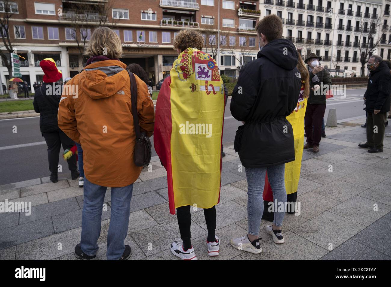 People participate in a demonstration in support of the monarchy and Felipe VI of Spain, in Madrid, Spain, on February 6, 2021. (Photo by Oscar Gonzalez/NurPhoto) Stock Photo